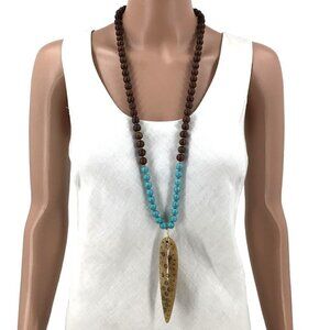 African Shaman Medicine Stick Pendant Necklace Wooden Beads Blue Brown